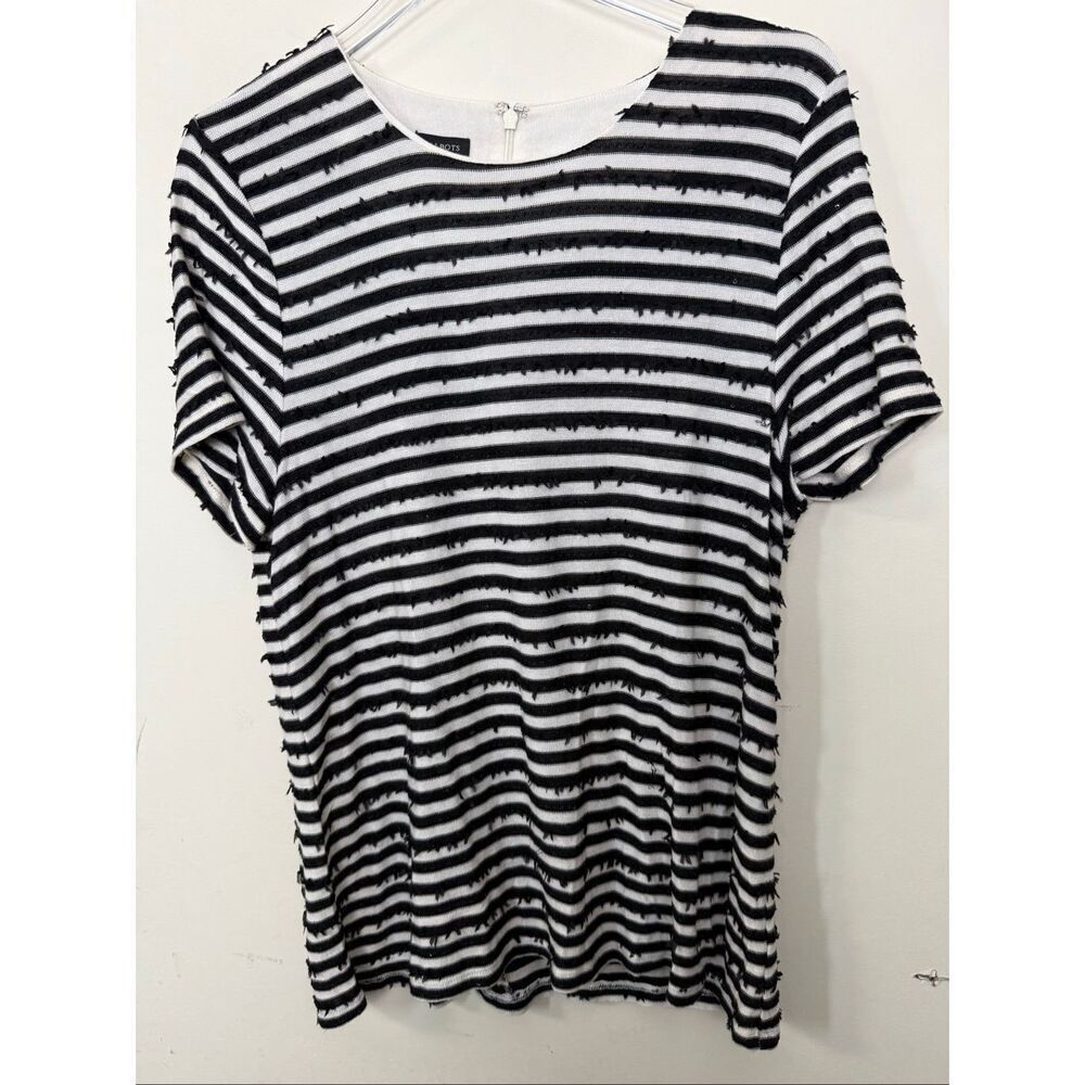 Talbots Black White Beaded Striped Short Sleeve Top XL Textured Sequins Classic